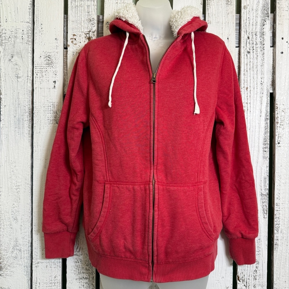 Old Navy Full Zip Hoodie Women’s Large Red Grunge Warm‎ Fuzz Lined Skater Jacket